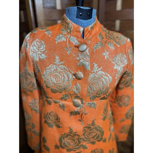 Vintage Womens Brocade Dress Duster Jacket Set Size XS Orange Gold - Picture 3 of 10